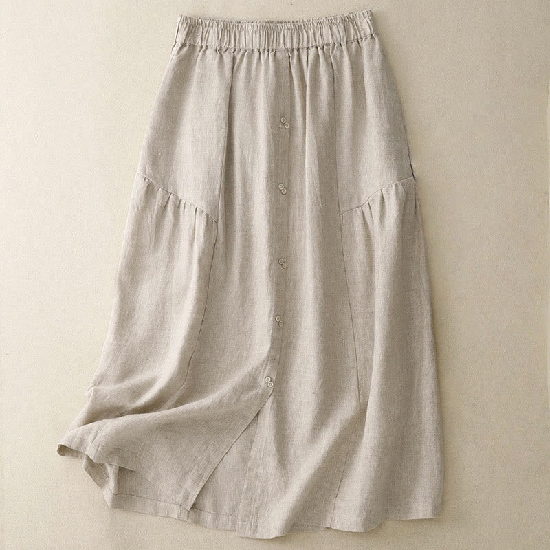 A-line Buttons Slit Design Elastic Waist Cotton Women's Skirt With Pockets - Image 12