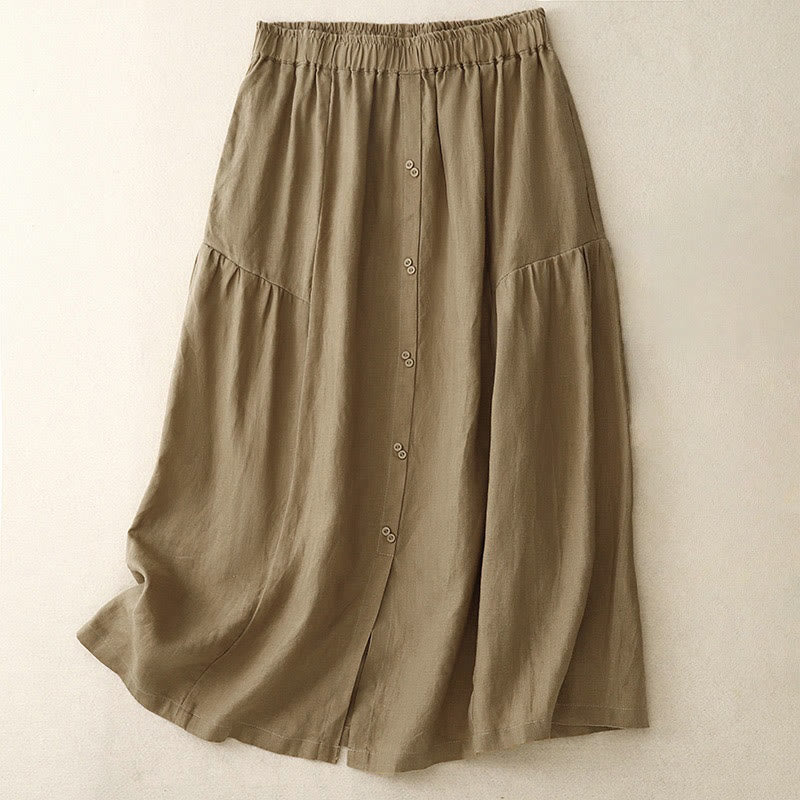 A-line Buttons Slit Design Elastic Waist Cotton Women's Skirt With Pockets - Image 20
