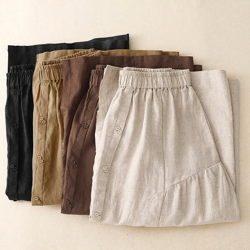 A-line Buttons Slit Design Elastic Waist Cotton Women's Skirt With Pockets - Image 18