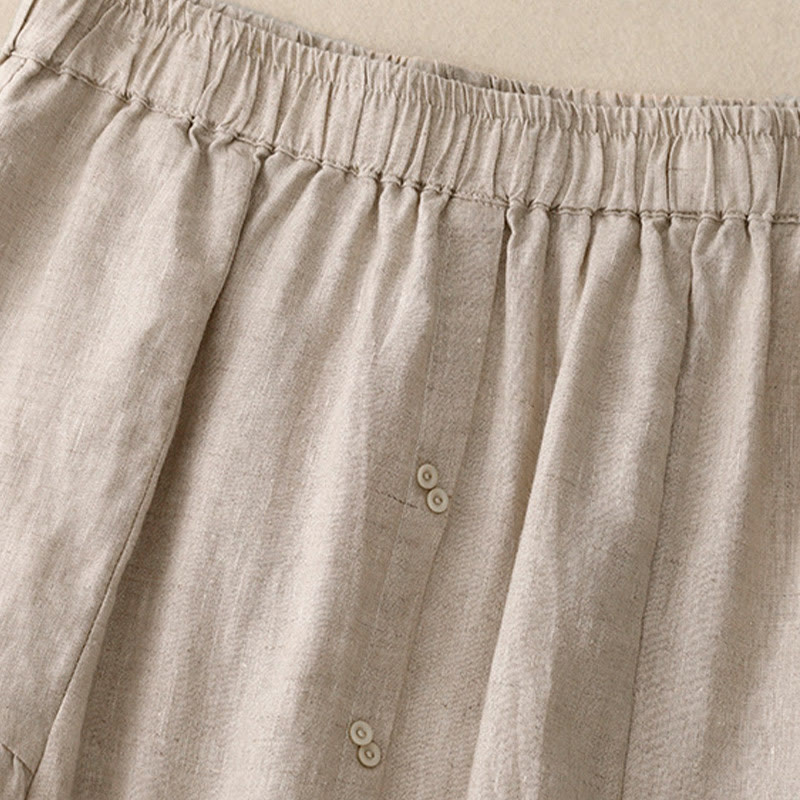 A-line Buttons Slit Design Elastic Waist Cotton Women's Skirt With Pockets - Image 13