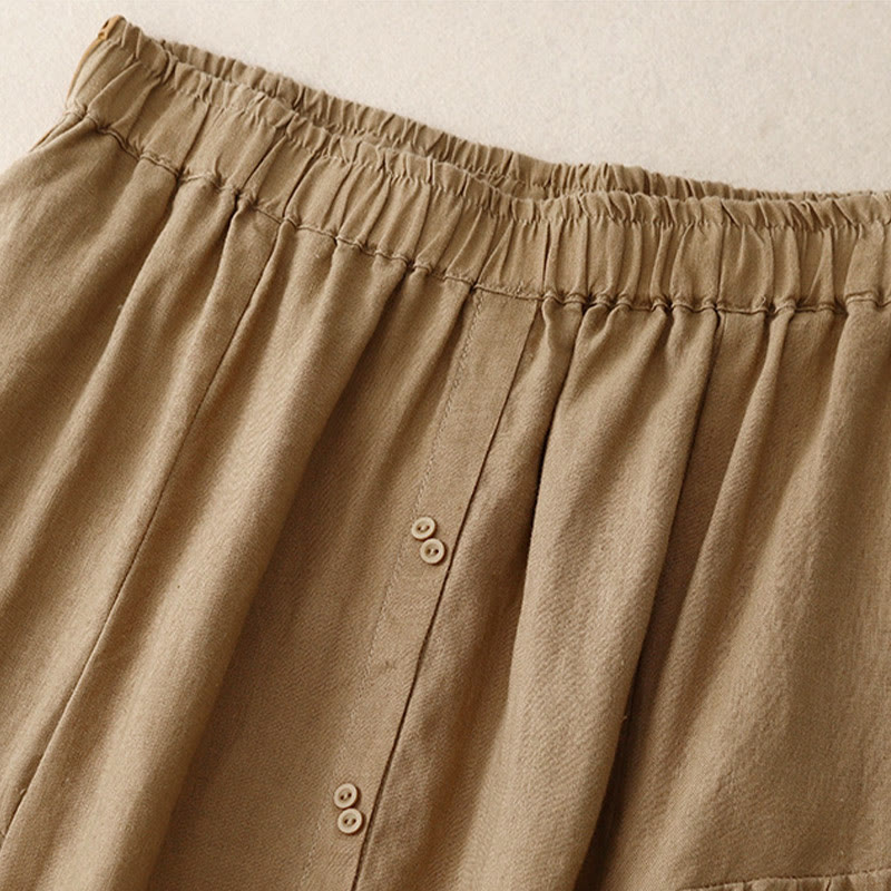 A-line Buttons Slit Design Elastic Waist Cotton Women's Skirt With Pockets - Image 21