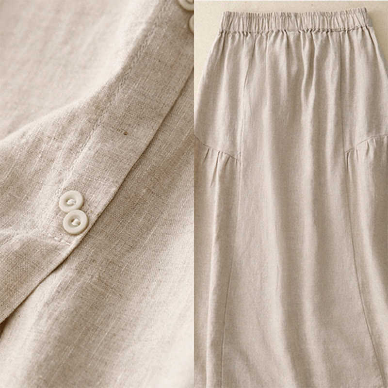 A-line Buttons Slit Design Elastic Waist Cotton Women's Skirt With Pockets - Image 17