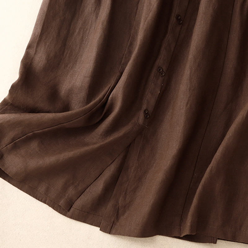 A-line Buttons Slit Design Elastic Waist Cotton Women's Skirt With Pockets - Image 6