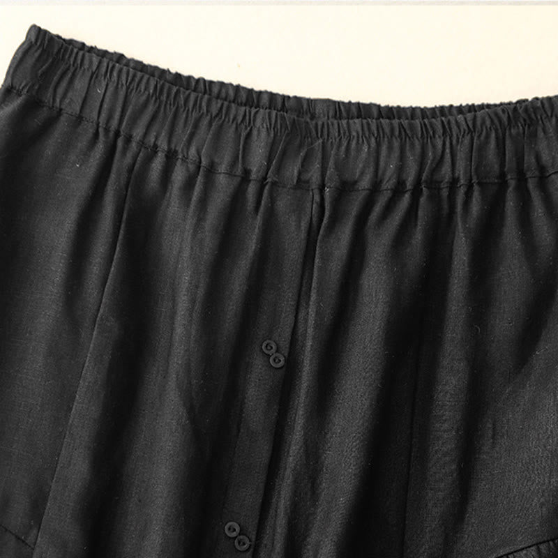 A-line Buttons Slit Design Elastic Waist Cotton Women's Skirt With Pockets - Image 8