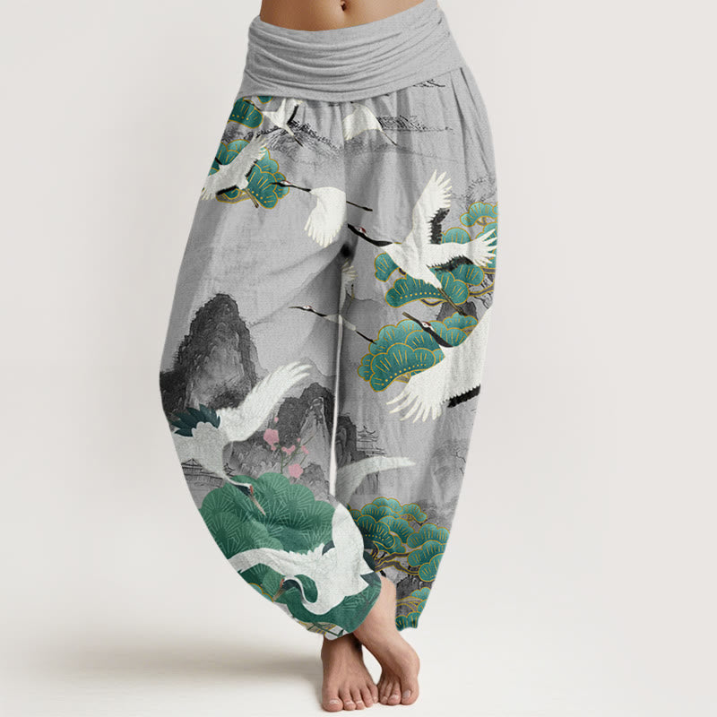 Casual Cranes Green Pine Trees Landscape Pattern Women's Harem Pants