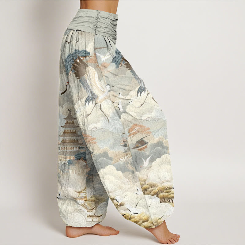 Casual Cranes Clouds Pagodas Pattern Women's Harem Pants - Image 3