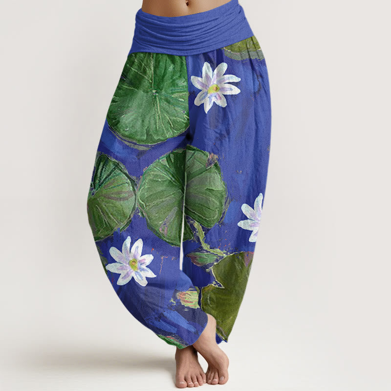 Casual Green Lotus Leaves White Flowers Pattern Women's Harem Pants