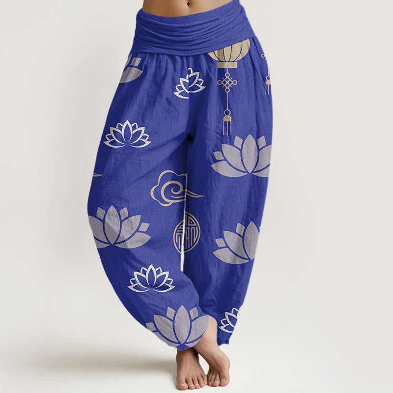 Casual Lotus Flowers Lanterns Cloud Pattern Women's Harem Pants - Image 5