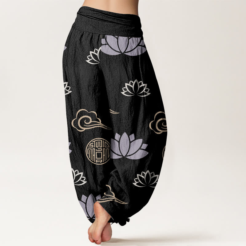 Casual Lotus Flowers Lanterns Cloud Pattern Women's Harem Pants - Image 9