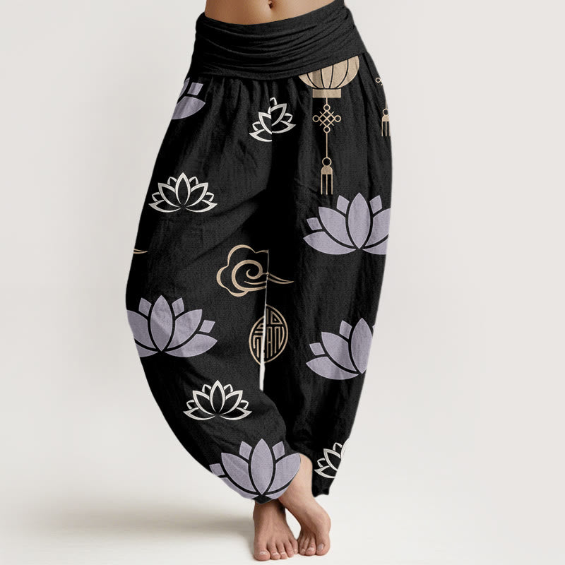 Casual Lotus Flowers Lanterns Cloud Pattern Women's Harem Pants - Image 8