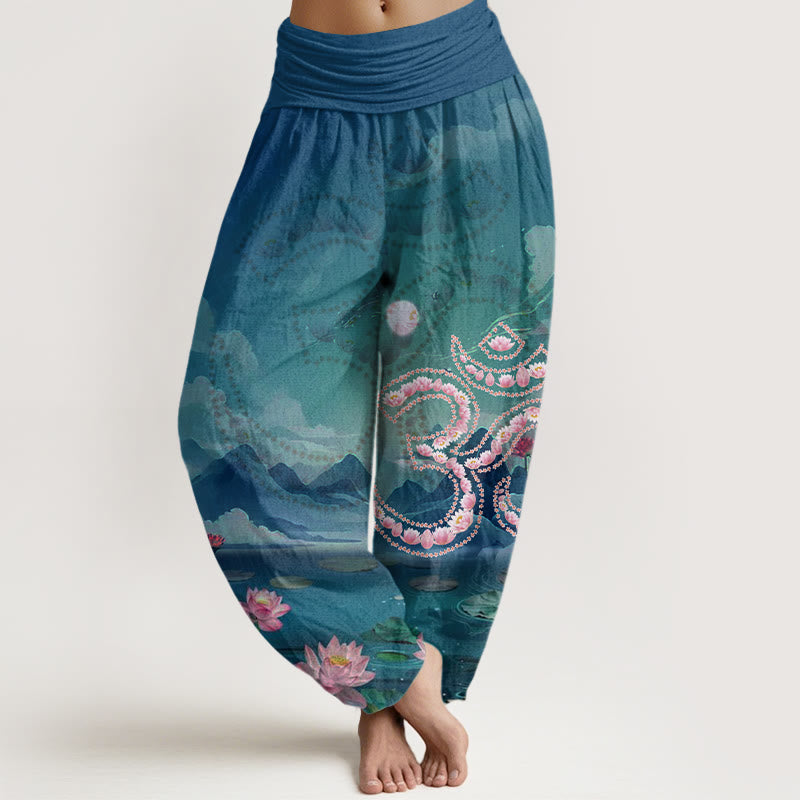 Casual Lotus Flowers Om Symbol Mountains Lake Pattern Women's Harem Pants