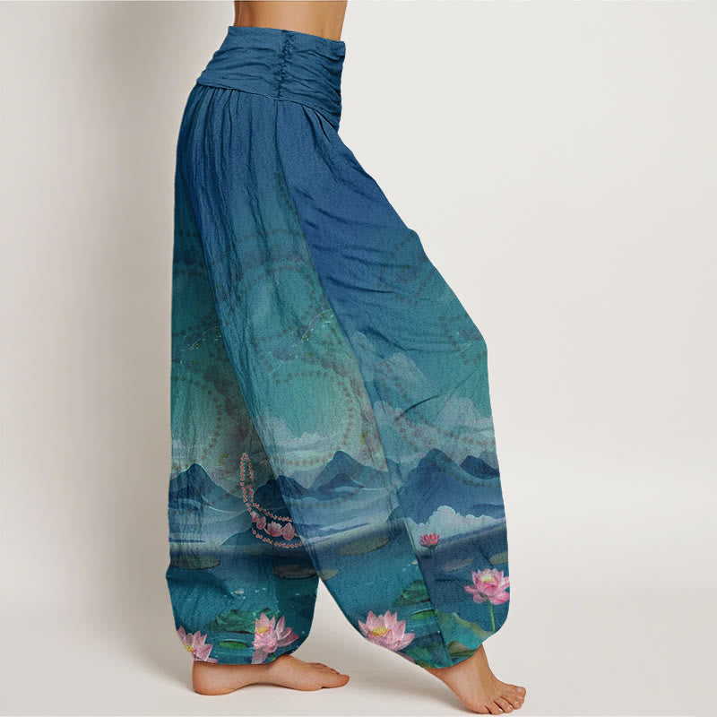 Casual Lotus Flowers Om Symbol Mountains Lake Pattern Women's Harem Pants - Image 3