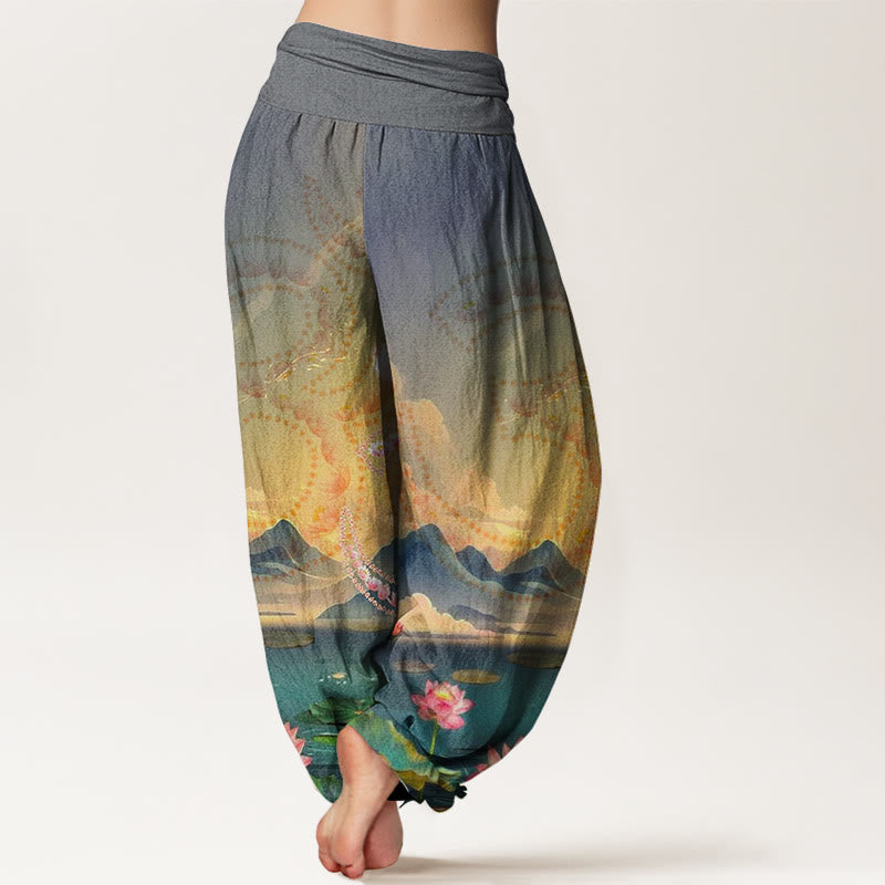 Casual Lotus Flowers Om Symbol Mountains Lake Pattern Women's Harem Pants - Image 6