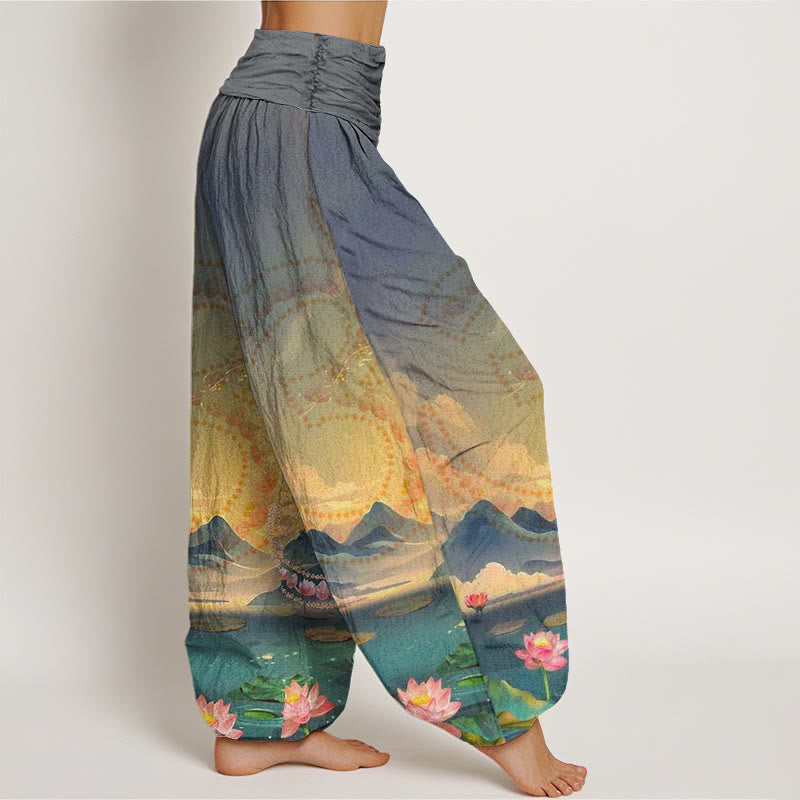 Casual Lotus Flowers Om Symbol Mountains Lake Pattern Women's Harem Pants - Image 7