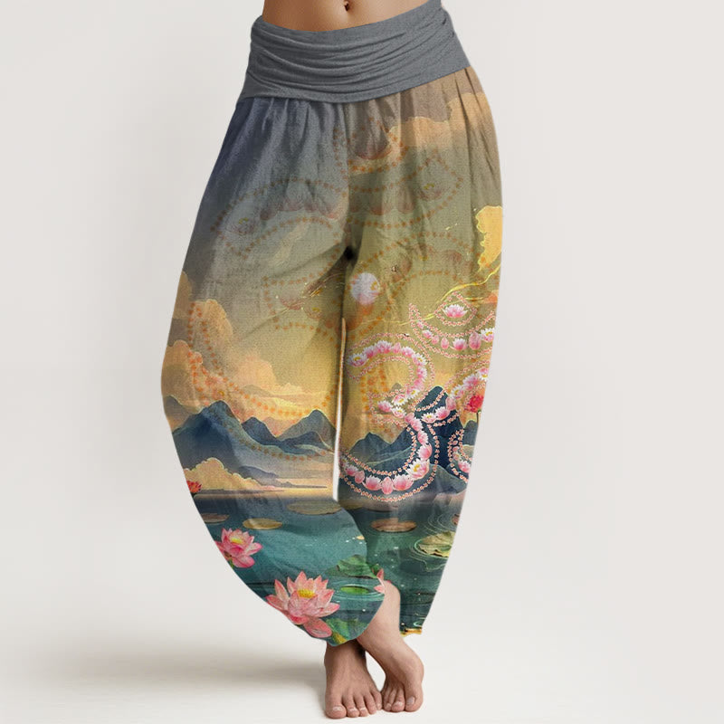 Casual Lotus Flowers Om Symbol Mountains Lake Pattern Women's Harem Pants - Image 5