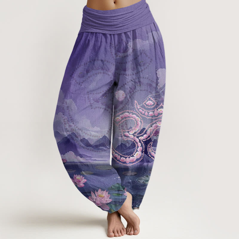 Casual Lotus Flowers Om Symbol Mountains Lake Pattern Women's Harem Pants - Image 8