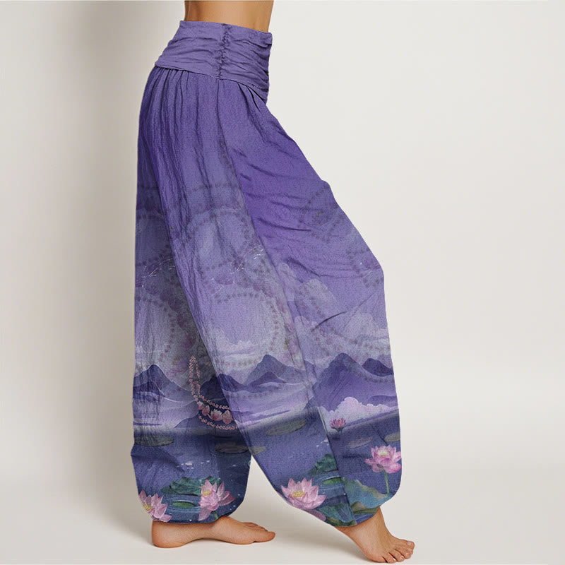 Casual Lotus Flowers Om Symbol Mountains Lake Pattern Women's Harem Pants - Image 10