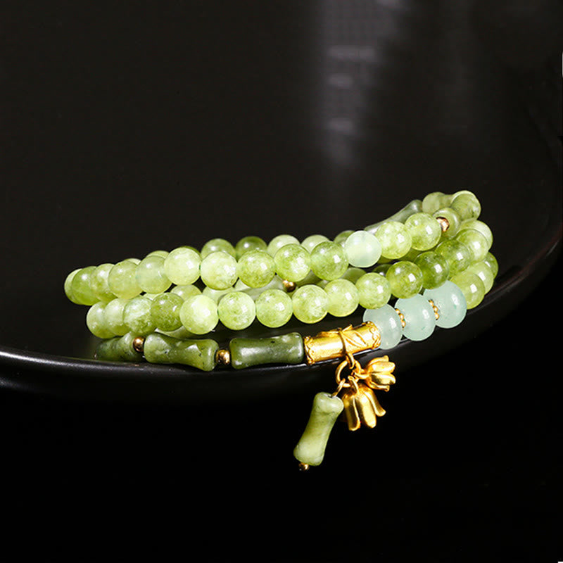 Retro Multilayer Lily of the Valley Bamboo Green Chalcedony Strength Bracelet