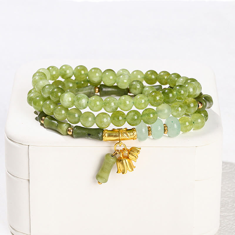 Retro Multilayer Lily of the Valley Bamboo Green Chalcedony Strength Bracelet - Image 3