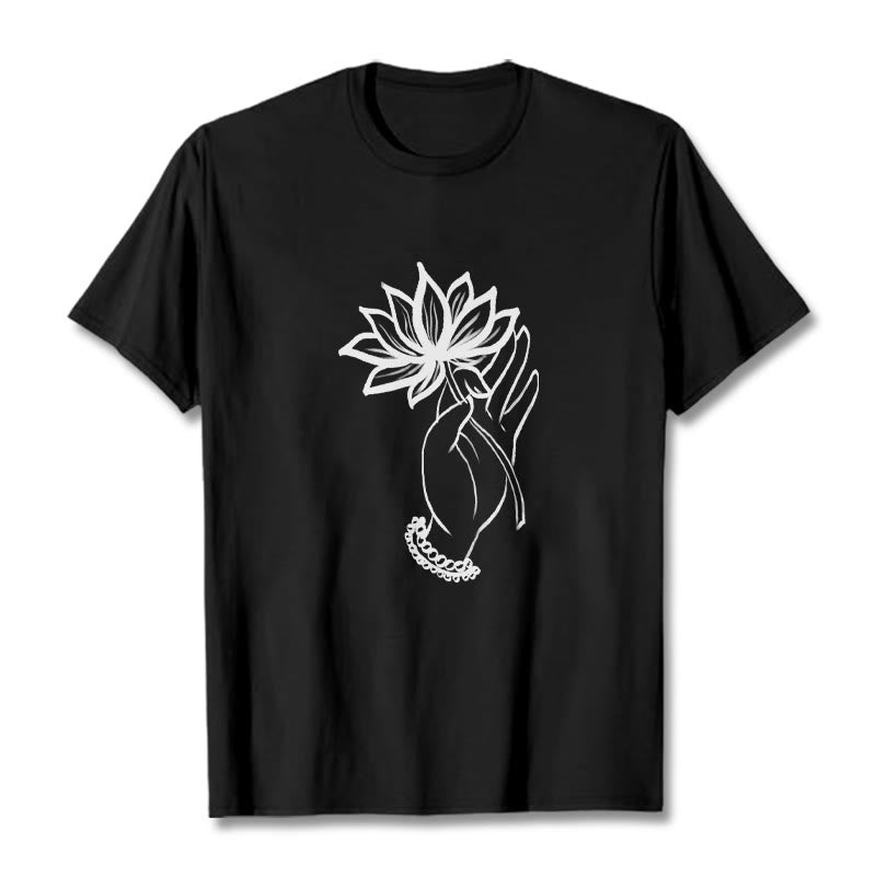 Casual Hand Holding Lotus Flower Pattern Cotton Tee T-shirt