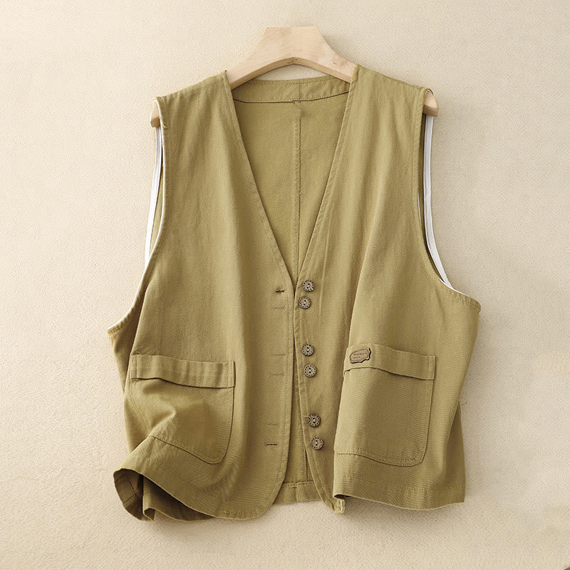 Solid Color Front Buttons Sleeveless Women's Cotton Waistcoat With Pockets