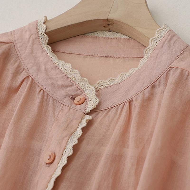 Pure Color Lace Design Long Lantern Sleeve Women's Cotton Linen Shirt - Image 13