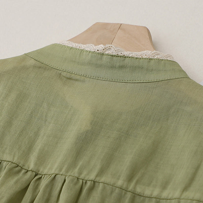 Pure Color Lace Design Long Lantern Sleeve Women's Cotton Linen Shirt - Image 4