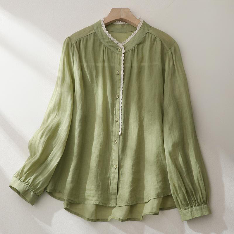 Pure Color Lace Design Long Lantern Sleeve Women's Cotton Linen Shirt