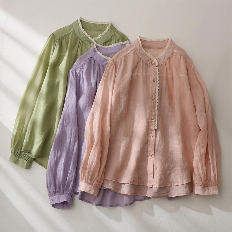 Pure Color Lace Design Long Lantern Sleeve Women's Cotton Linen Shirt - Image 20