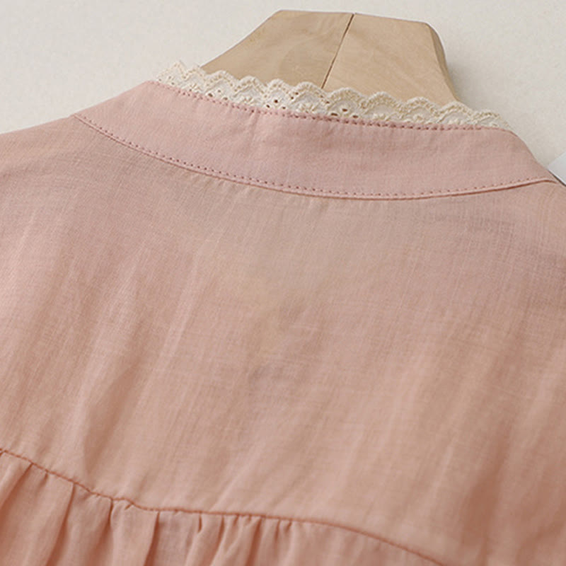 Pure Color Lace Design Long Lantern Sleeve Women's Cotton Linen Shirt - Image 15