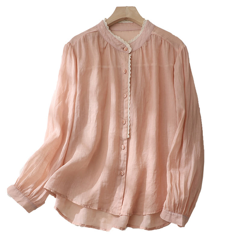 Pure Color Lace Design Long Lantern Sleeve Women's Cotton Linen Shirt - Image 11