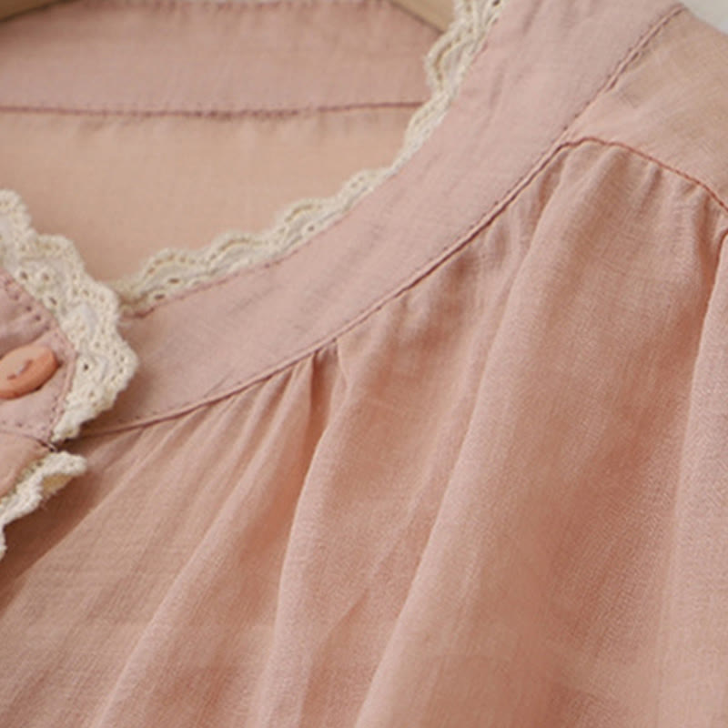 Pure Color Lace Design Long Lantern Sleeve Women's Cotton Linen Shirt - Image 14