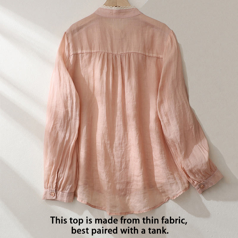 Pure Color Lace Design Long Lantern Sleeve Women's Cotton Linen Shirt - Image 12