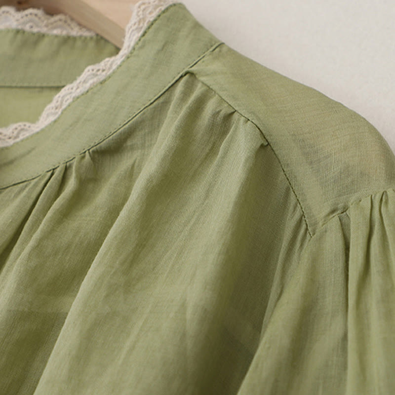 Pure Color Lace Design Long Lantern Sleeve Women's Cotton Linen Shirt - Image 6