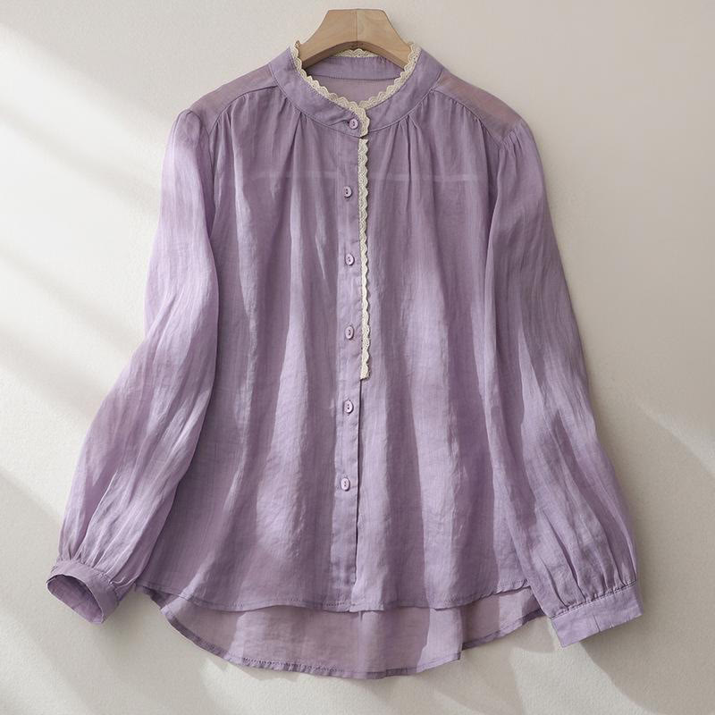 Pure Color Lace Design Long Lantern Sleeve Women's Cotton Linen Shirt - Image 10