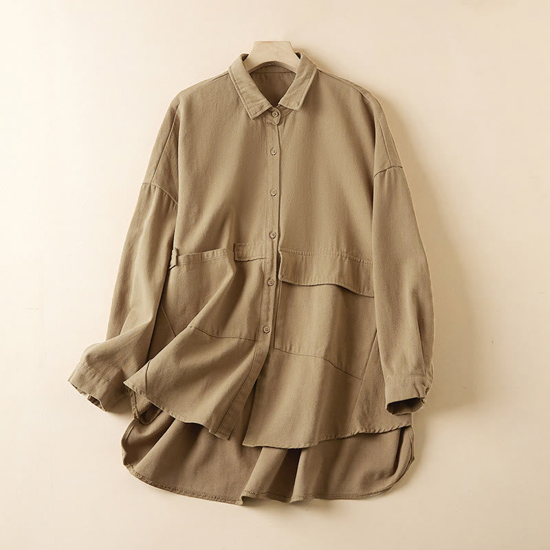 Fall Irregular Design Long Sleeve Women's Cotton Linen Lapel Jacket With Pockets