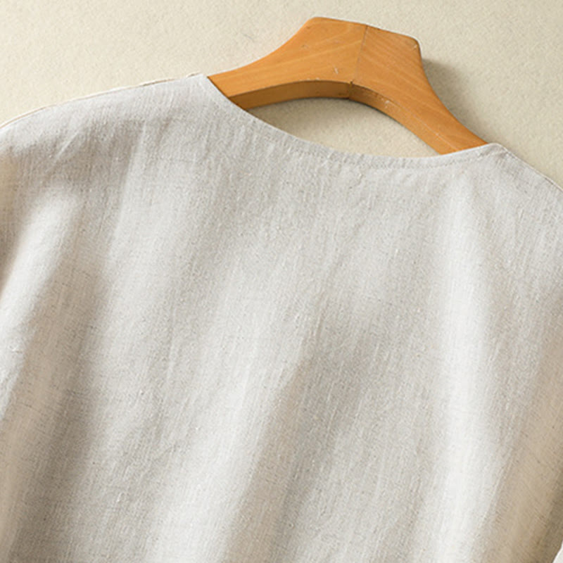 Spring Plain Buttons Design V-Neck Long Sleeve Women's Cotton Linen Shirt - Image 5