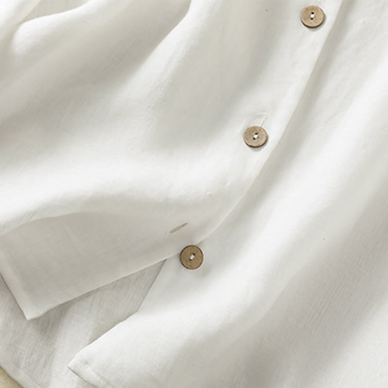 Spring Plain Buttons Design V-Neck Long Sleeve Women's Cotton Linen Shirt - Image 16