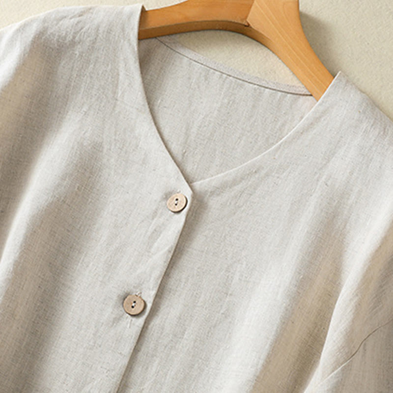 Spring Plain Buttons Design V-Neck Long Sleeve Women's Cotton Linen Shirt - Image 3