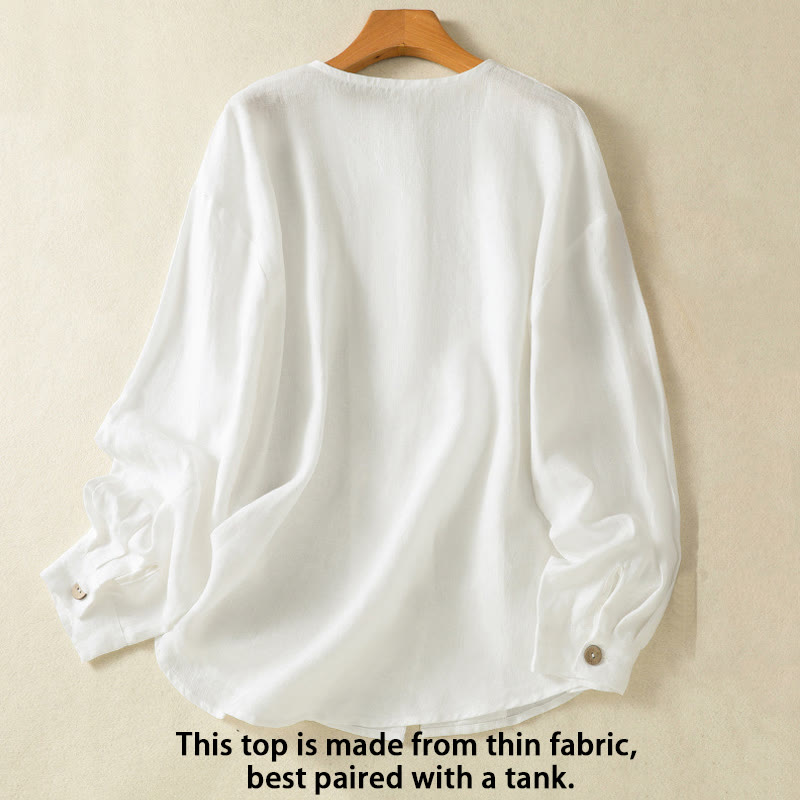 Spring Plain Buttons Design V-Neck Long Sleeve Women's Cotton Linen Shirt - Image 11