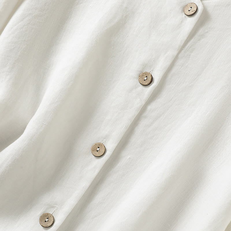 Spring Plain Buttons Design V-Neck Long Sleeve Women's Cotton Linen Shirt - Image 15