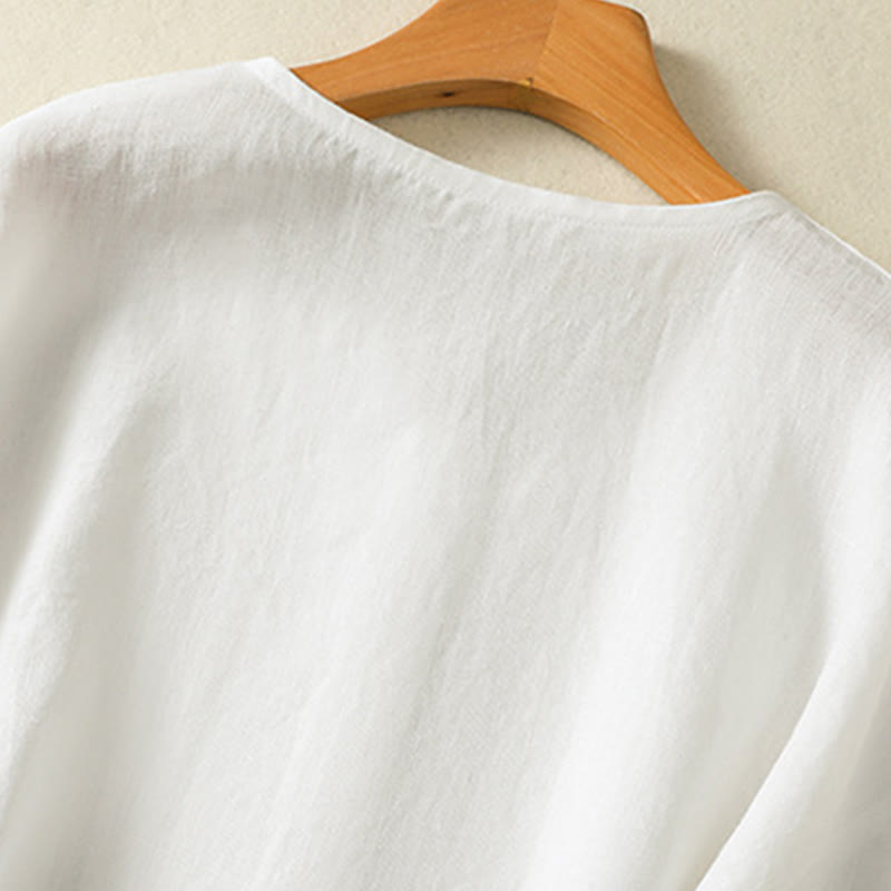 Spring Plain Buttons Design V-Neck Long Sleeve Women's Cotton Linen Shirt - Image 14
