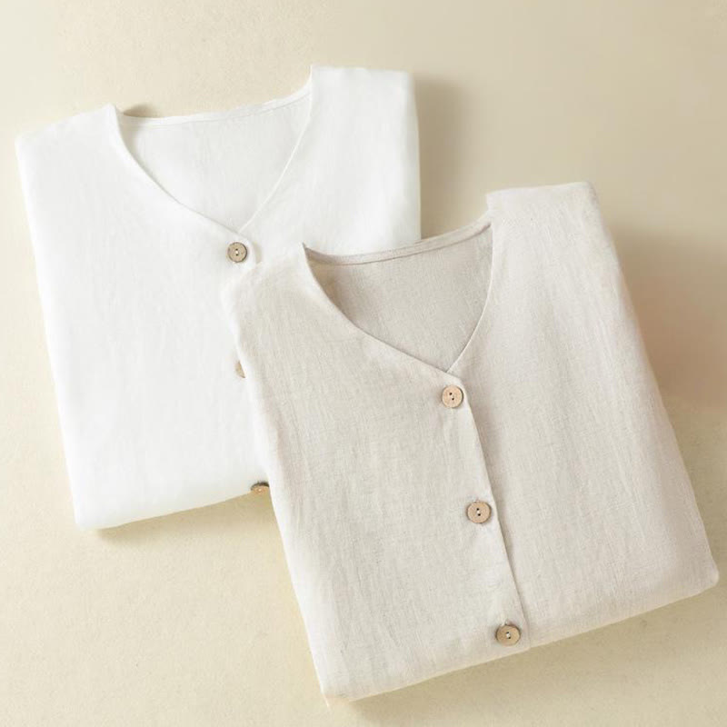 Spring Plain Buttons Design V-Neck Long Sleeve Women's Cotton Linen Shirt - Image 20