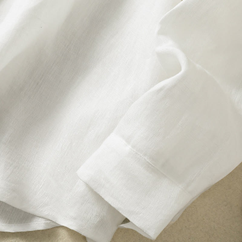 Spring Plain Buttons Design V-Neck Long Sleeve Women's Cotton Linen Shirt - Image 18