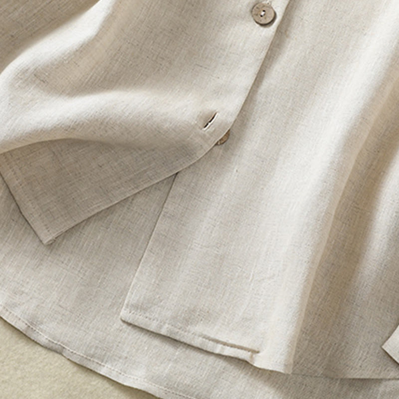 Spring Plain Buttons Design V-Neck Long Sleeve Women's Cotton Linen Shirt - Image 7
