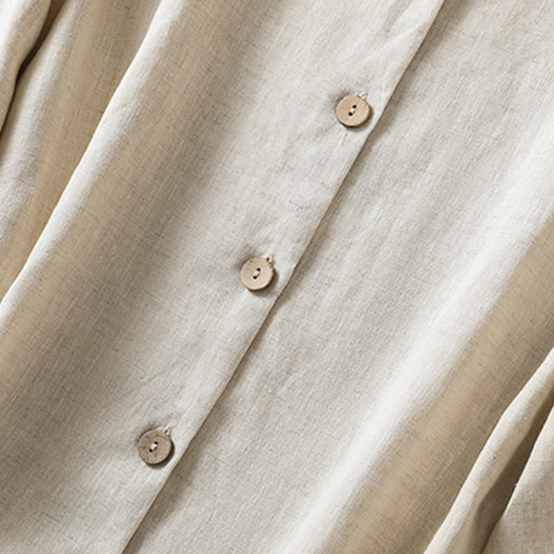 Spring Plain Buttons Design V-Neck Long Sleeve Women's Cotton Linen Shirt - Image 6