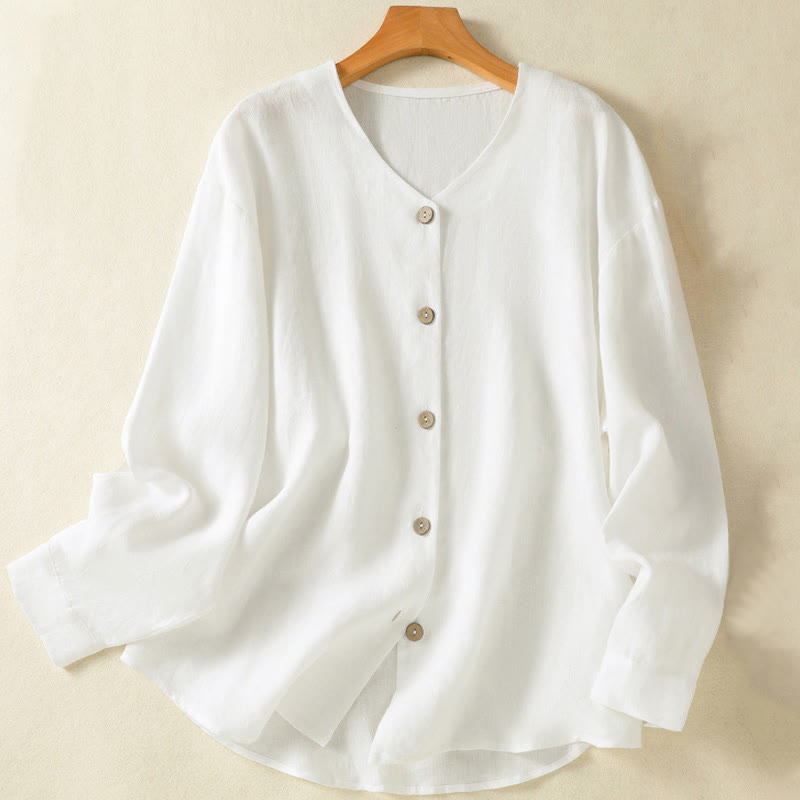 Spring Plain Buttons Design V-Neck Long Sleeve Women's Cotton Linen Shirt - Image 10