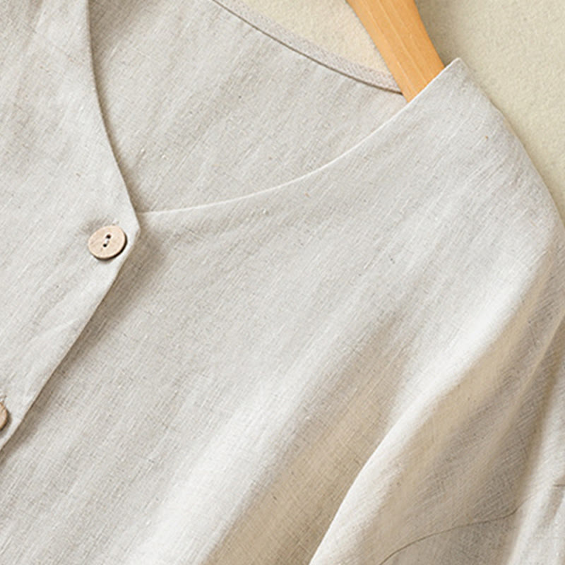 Spring Plain Buttons Design V-Neck Long Sleeve Women's Cotton Linen Shirt - Image 4