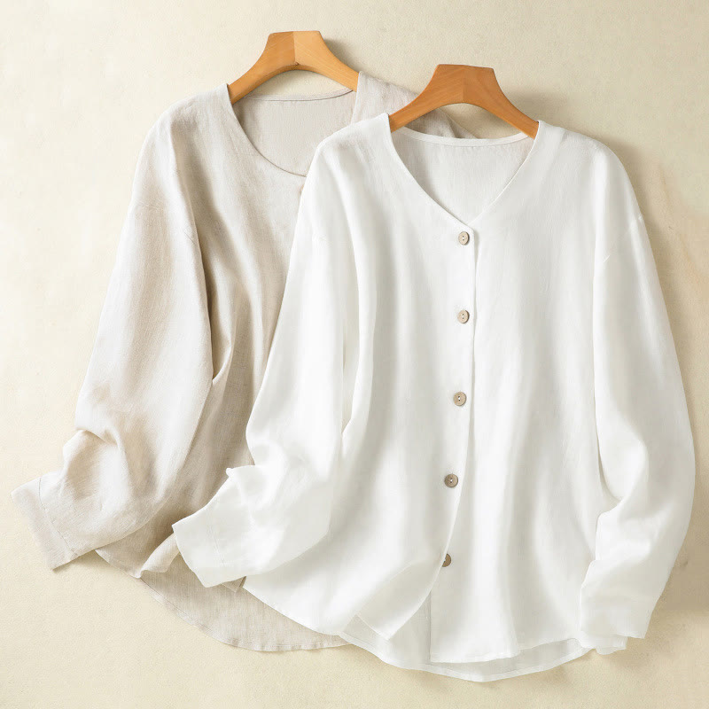 Spring Plain Buttons Design V-Neck Long Sleeve Women's Cotton Linen Shirt - Image 19