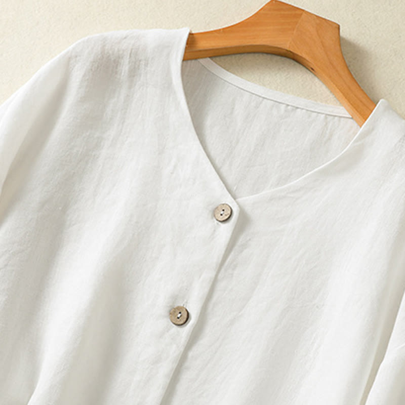 Spring Plain Buttons Design V-Neck Long Sleeve Women's Cotton Linen Shirt - Image 12
